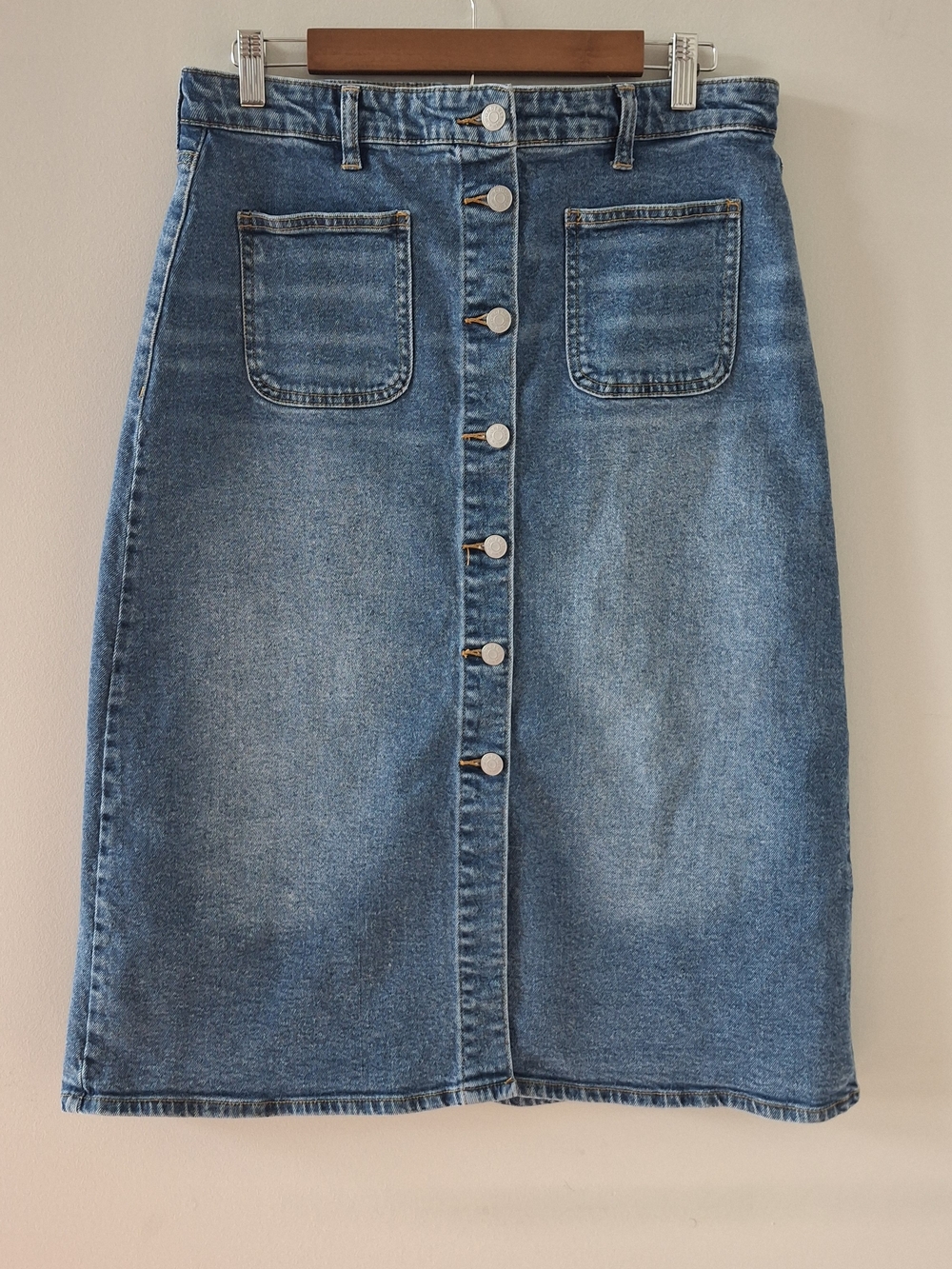 Button-Front Blue Denim Pencil Midi Wonderfly Skirt High Rise Size 10 Jean Skirt
